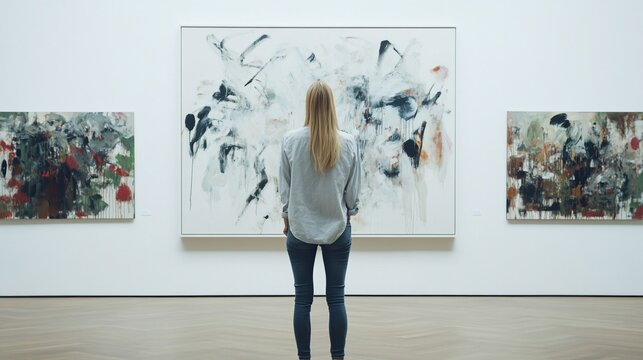 Woman admiring abstract paintings in gallery.
