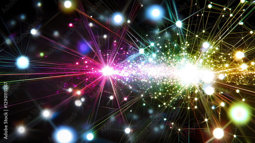 Poster vibrant colorful explosion of light and sparks illuminating a dark background in a dynamic display o