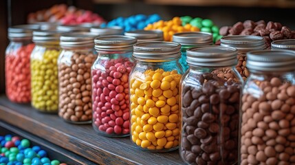  fun and colorful candy buffet table for party with jellybeans, chocolate-covered almonds, and candy-coated chocolates