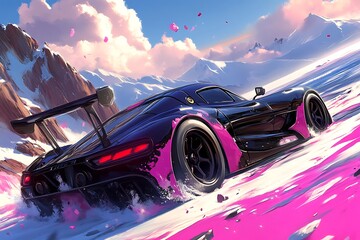A sleek black sports car drifts through vibrant pink snow in a stunning mountain landscape