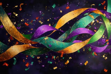 festive spiral ribbons in vibrant purples, greens, and golds twirl with shimmering confetti, set against a dark velvet sky, evoking a joyous carnival mood.