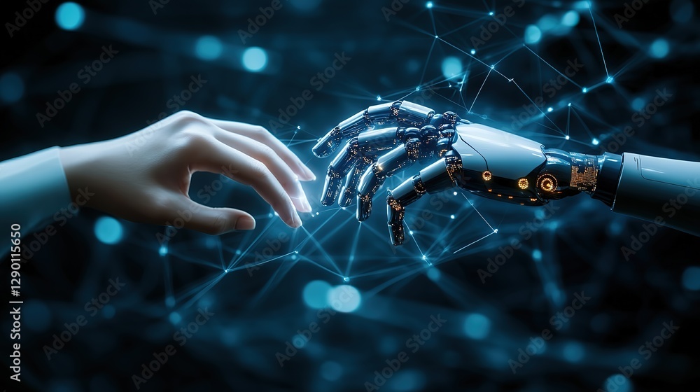 Aufkleber a human hand and an ai robot's hands touching, with digital data flowing between them on a dark blue