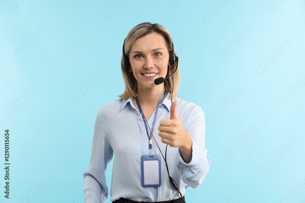 Poster technical support call center. smiling operator showing thumbs up on light blue background