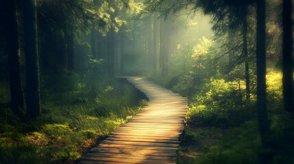Fototapeta premium Scenery of sunlight pouring down a forest path