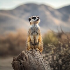 Fototapeta premium Alert Meerkat Sentinel Standing Guard on a Weathered Log Against a Mountain Backdrop in a Warm Hued Desert Landscape
