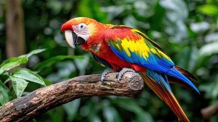 Fototapeta premium Vivid scarlet macaw perched on branch in lush rainforest jungle setting with vibrant plumage and bokeh background