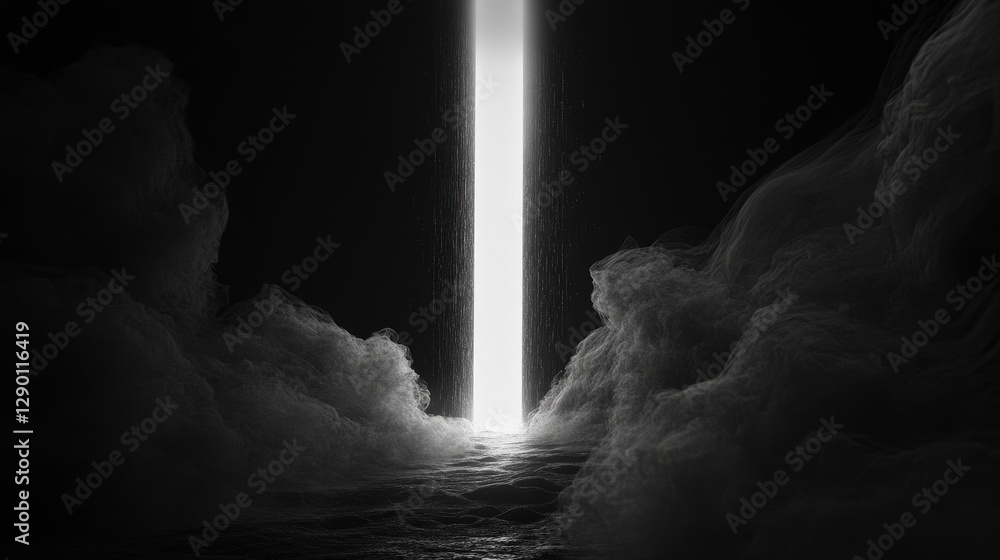 Poster mysterious light beam emerging through dark clouds in abstract space