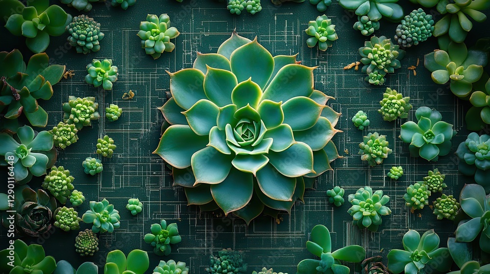 Aufkleber succulent flower design on a green background with architectural blueprint elements symbolizing growth and innovation in technology engineering or architecture