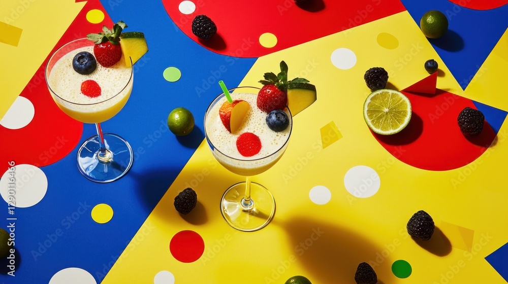 Poster refreshing tropical cocktail with fresh berries and lime on colorful geometric background creating a