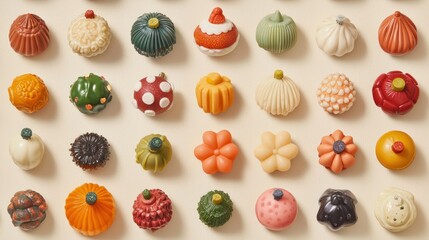 Artistic confectionery assortment featuring unique textures and colors in a creative arrangement on a neutral backdrop