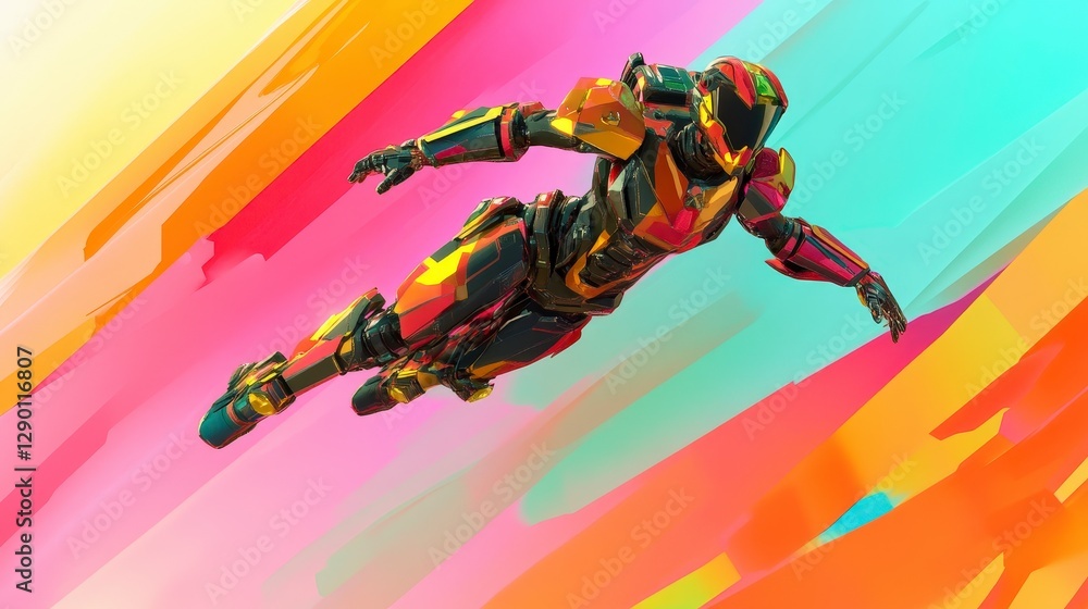 Poster vibrant futuristic robot in dynamic colorful environment