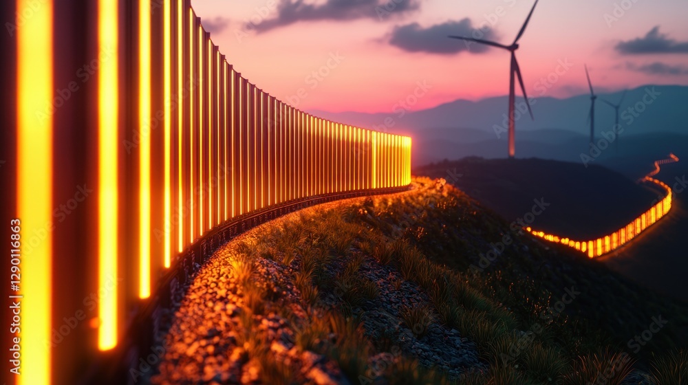 Poster luminous barrier on a hilltop at dusk with wind turbines in the distance creating a captivating scen