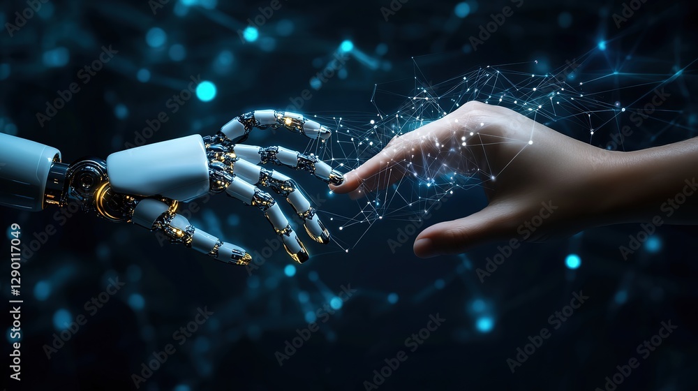 Aufkleber a human hand and an ai robot's hands touching, with digital data flowing between them on a dark blue