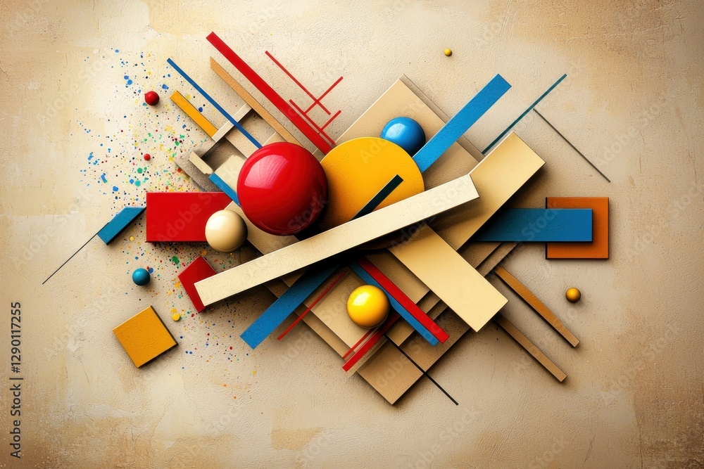 Poster dynamic abstract composition of geometric shapes in primary colors on textured beige background art