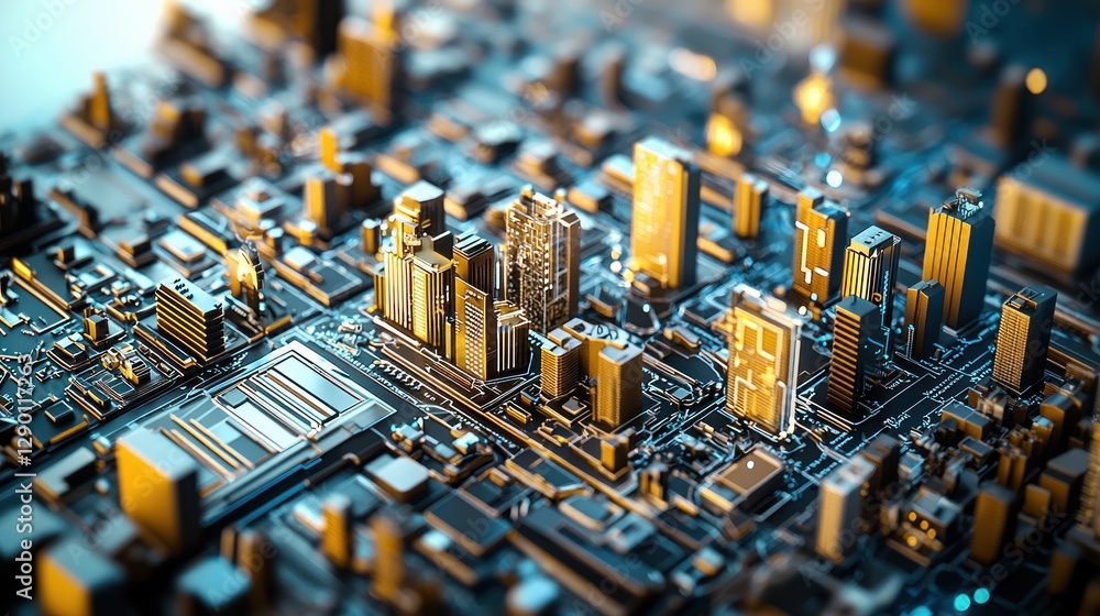 Poster miniature futuristic golden city scape resting on a dark printed circuit board macro angle backgroun
