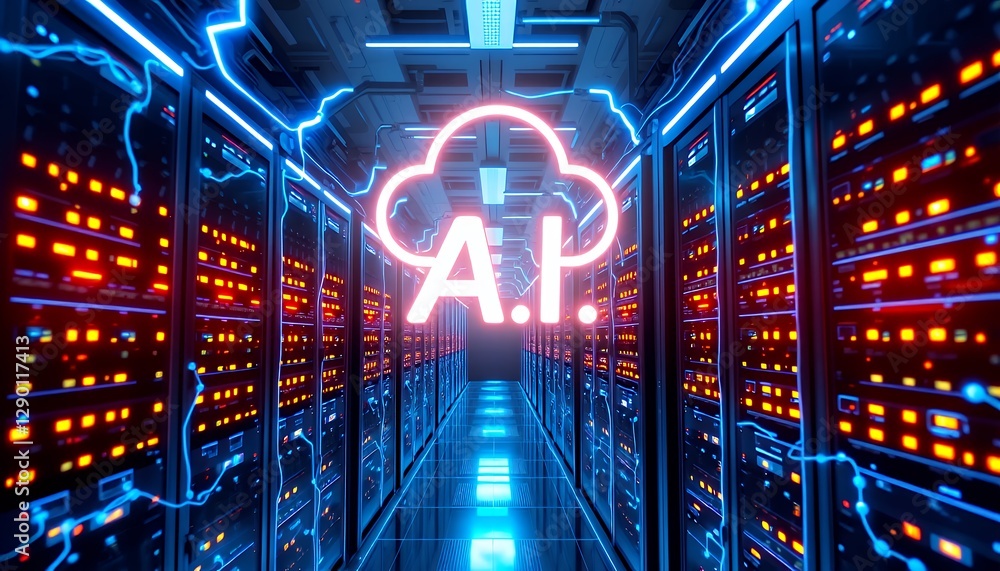 Poster futuristic server room showcasing ai cloud computing.