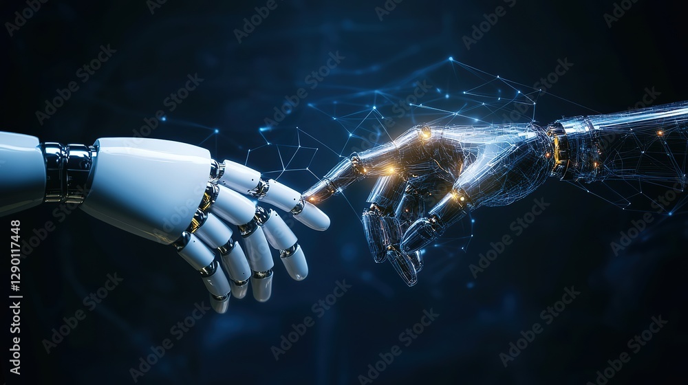 Aufkleber a human hand and an ai robot's hands touching, with digital data flowing between them on a dark blue