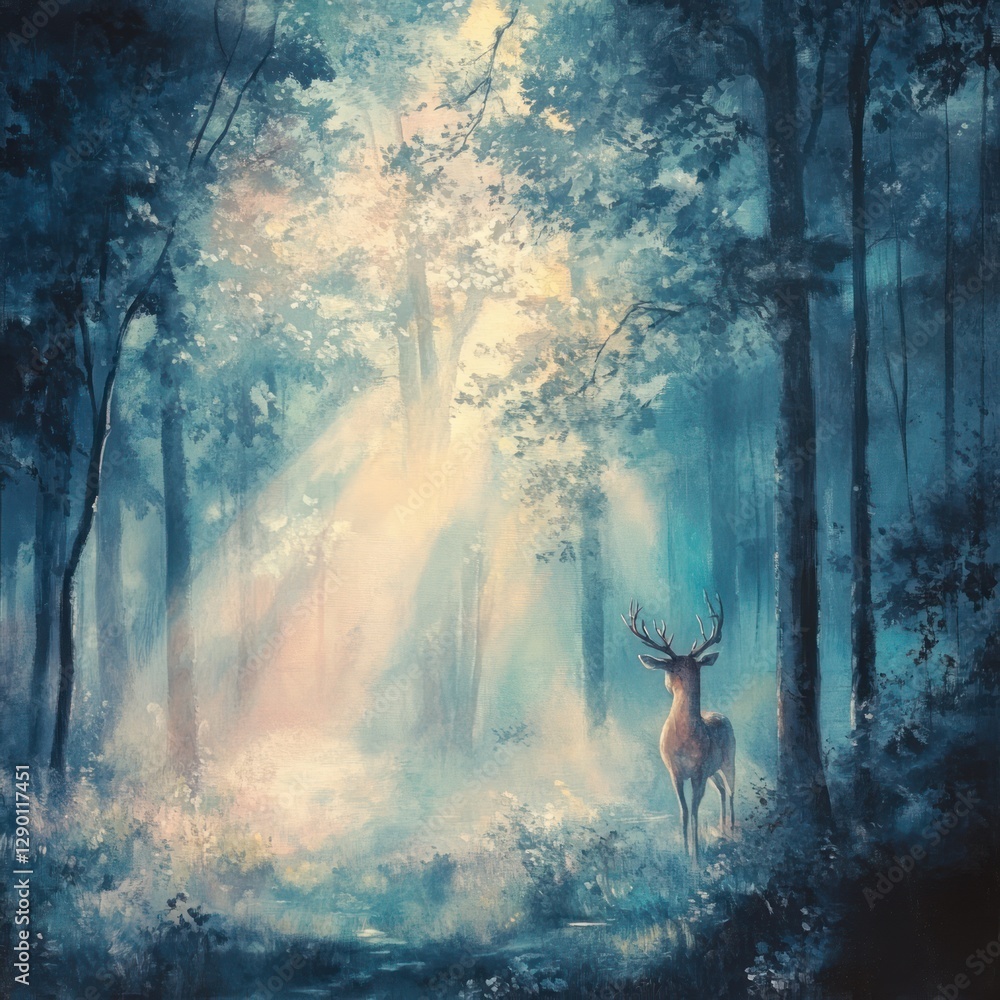 Poster enchanted forest painting with majestic deer bathed in ethereal light creating a serene and mystical