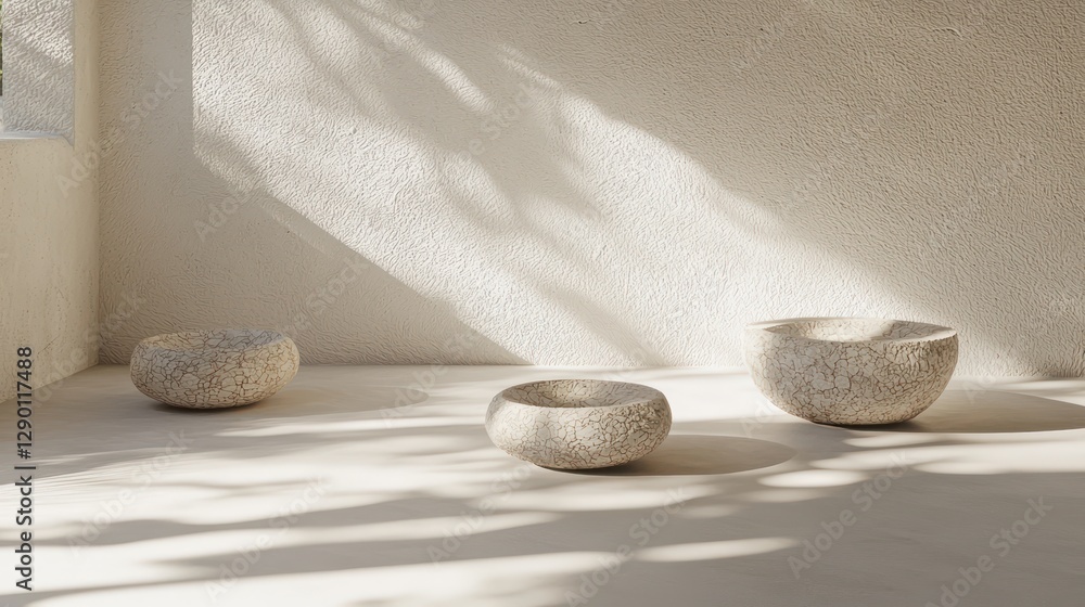 Poster serene composition of decorative bowls in a sunlit minimalist space casting soft shadows creating a 