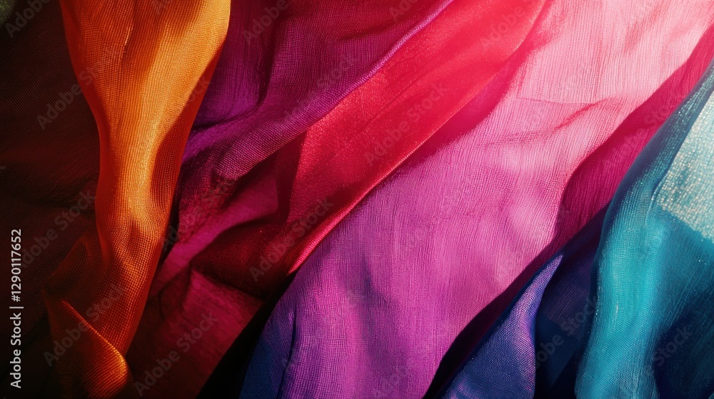 Poster abstract vibrant silk fabrics in sunlight creating a colorful and textured background for fashion de