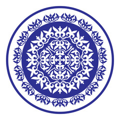 Blue round vector Kazakh national ornament, persian motiff. Round Ornament Pattern. Abstract Asian element of the Kazakhs, Kyrgyz, Mongol, Tatars, Uzbek, Tajik. Islam, Arabic, Indian, ottoman motifs.