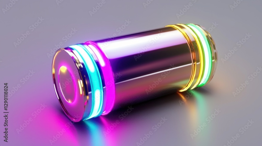 Poster luminous metallic cylinder with vibrant neon rings on a gradient background in a studio setting for 