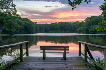 Obraz premium A tranquil lakeside at dusk with a wooden pier and an empty bench, reflecting soft hues of the setting sun, inviting solitude and relaxation in a serene, natural setting
