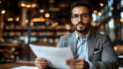 A legal analyst reviewing a document with bookshelves full of court case records behind them