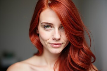 Fototapeta premium Portrait of a Young Caucasian Female with Long, Flowing Red Hair, Showcasing a Natural, Confident Expression Against a Soft, Neutral Background