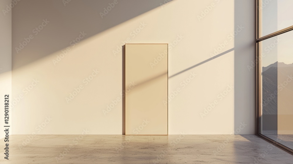Poster serene modern interior with blank canvas and natural light casting shadows on wall creating a minima