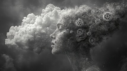 surreal collage vintage poster style photography man with gears and cloud on his head black and white
