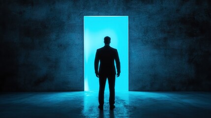 Obraz premium Mysterious Figure Standing at the Edge of a Glowing Doorway