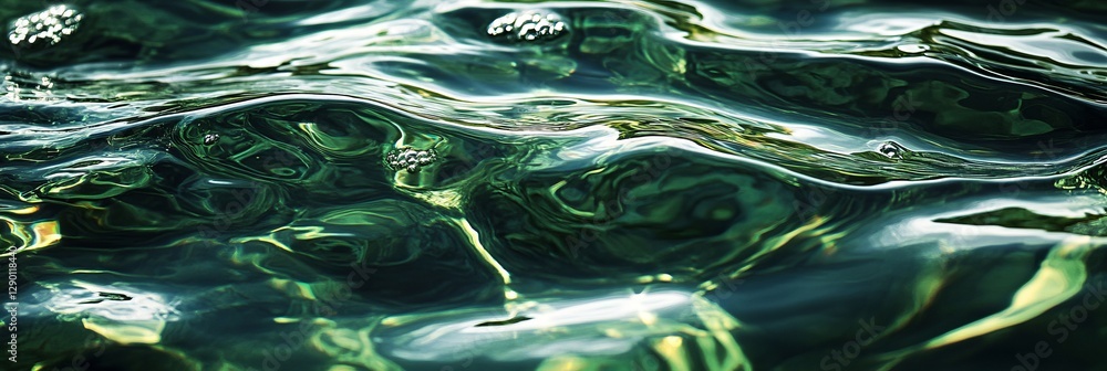 Poster bubbles rise in the clear green water under a warm sunlight, creating mesmerizing patterns on the su