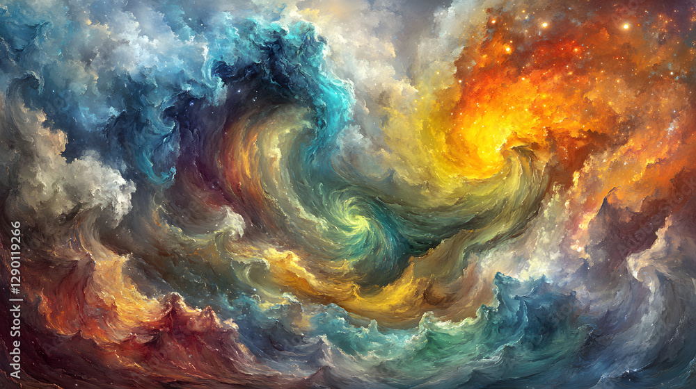Poster abstract painting featuring a vibrant swirl of colors in a dynamic and fluid composition with variou