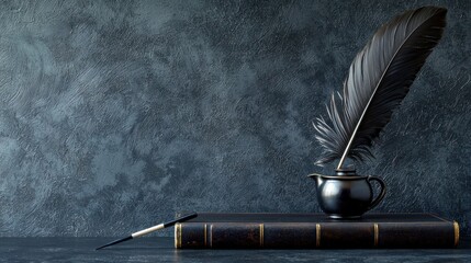 Dramatic Quill Pen and Inkwell on Dark Book Against Textured Backdrop Creates a Timeless Literary Scene Capturing Classic Elegance and Intellectual Depth