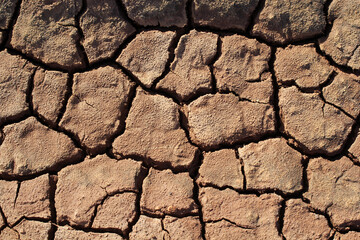 Close-up overhead shot of dry cracked earth abstract textured background