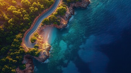the winding road on the coast aerial view toned
