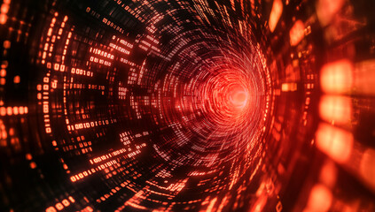 Fototapeta premium Digital tunnel with glowing red binary data and abstract patterns