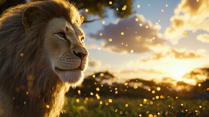 Majestic lion gazes into the golden sunset over the African savanna a portrait of power beauty and tranquility in nature