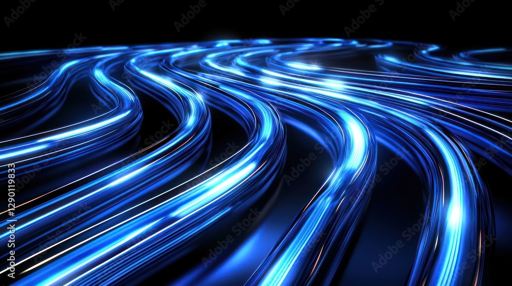 Poster dynamic blue light trails on black background abstract futuristic technology concept with perspectiv