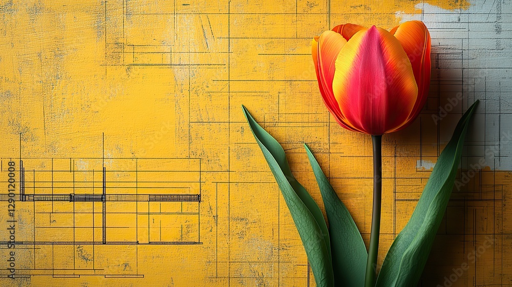 Aufkleber tulip flower design on a yellow background with architectural blueprint elements symbolizing growth and innovation in technology engineering or architecture