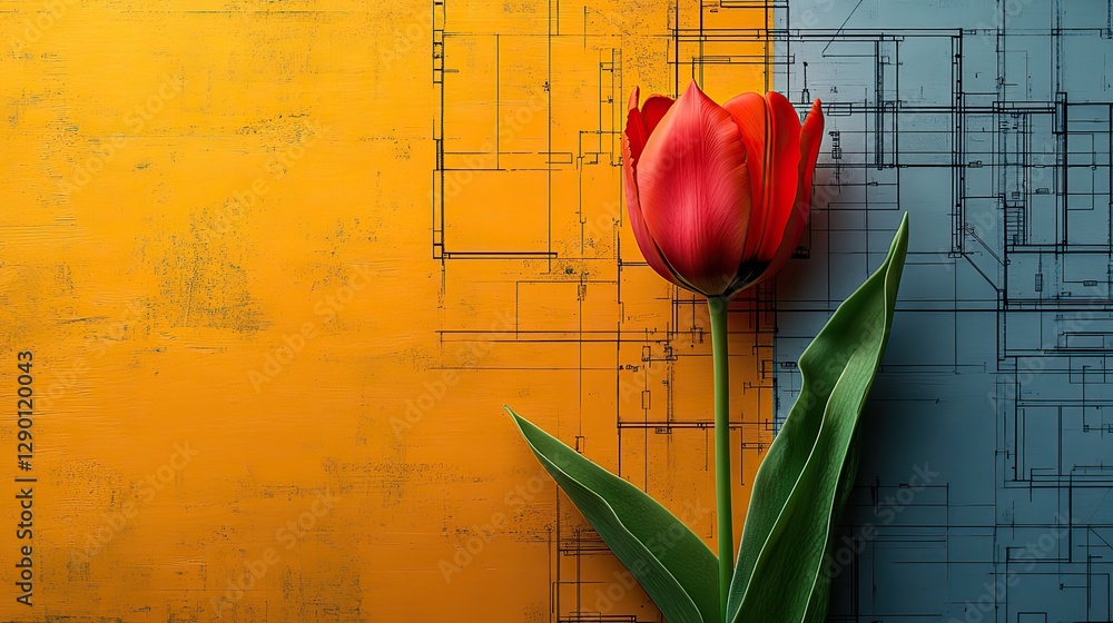 Aufkleber tulip flower design on a yellow background with architectural blueprint elements symbolizing growth and innovation in technology engineering or architecture