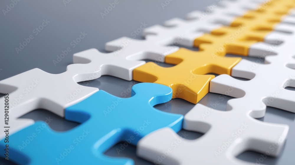Poster strategic puzzle connection with blue and yellow pieces on gray background representing unique solut