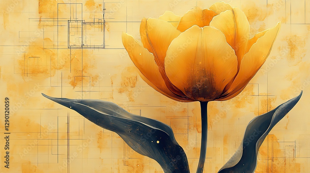 Aufkleber tulip flower design on a yellow background with architectural blueprint elements symbolizing growth and innovation in technology engineering or architecture