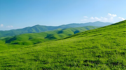 Fototapeta premium Lush Green Mountain Landscape Under a Bright Blue Sky