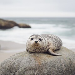 Naklejka premium Captivating Harbor Seal Resting on Coastal Rock Serene Ocean Backdrop Calm Seas Wildlife Portrait Marine Mammal Beach Day Natural Habitat