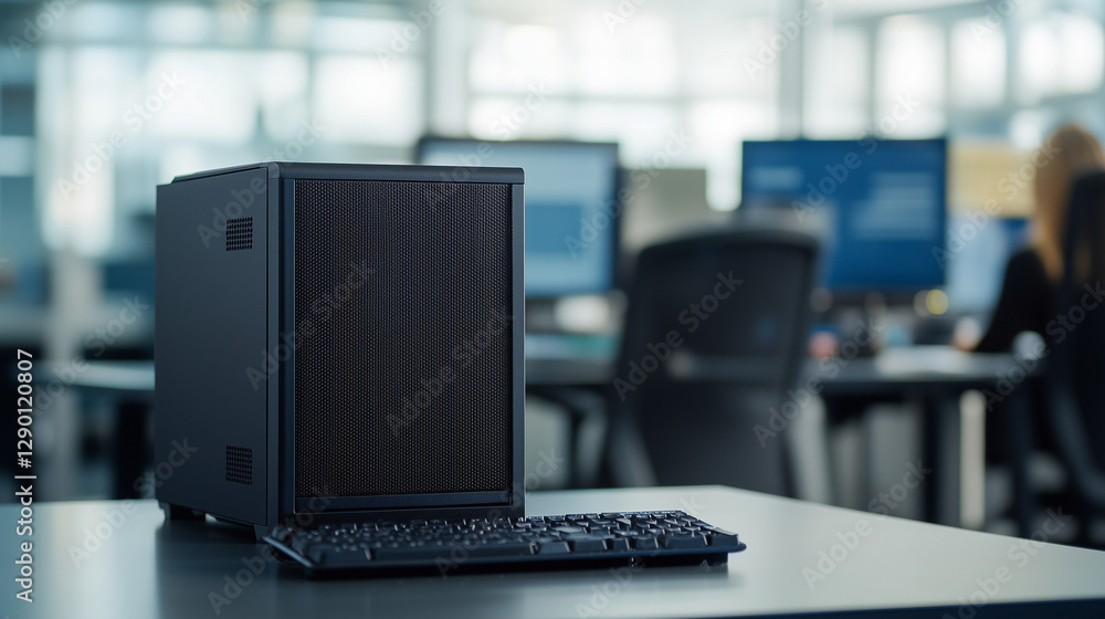 Poster modern workplace workstation: a black desktop computer with keyboard sits on a desk in a modern offi