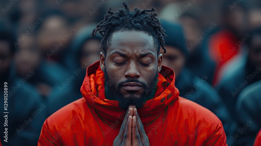 Poster unity in prayer faith beyond destruction man in a red jacket praying in front of the crowd