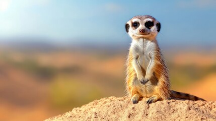 Alert meerkat standing on sandy mound in desert landscape under bright blue sky watchful gaze and curious posture