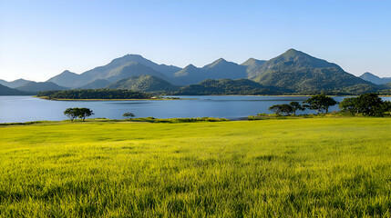Fototapeta premium Serene Landscape of Green Field and Blue Lake with Distant Mountains under a Clear Sky